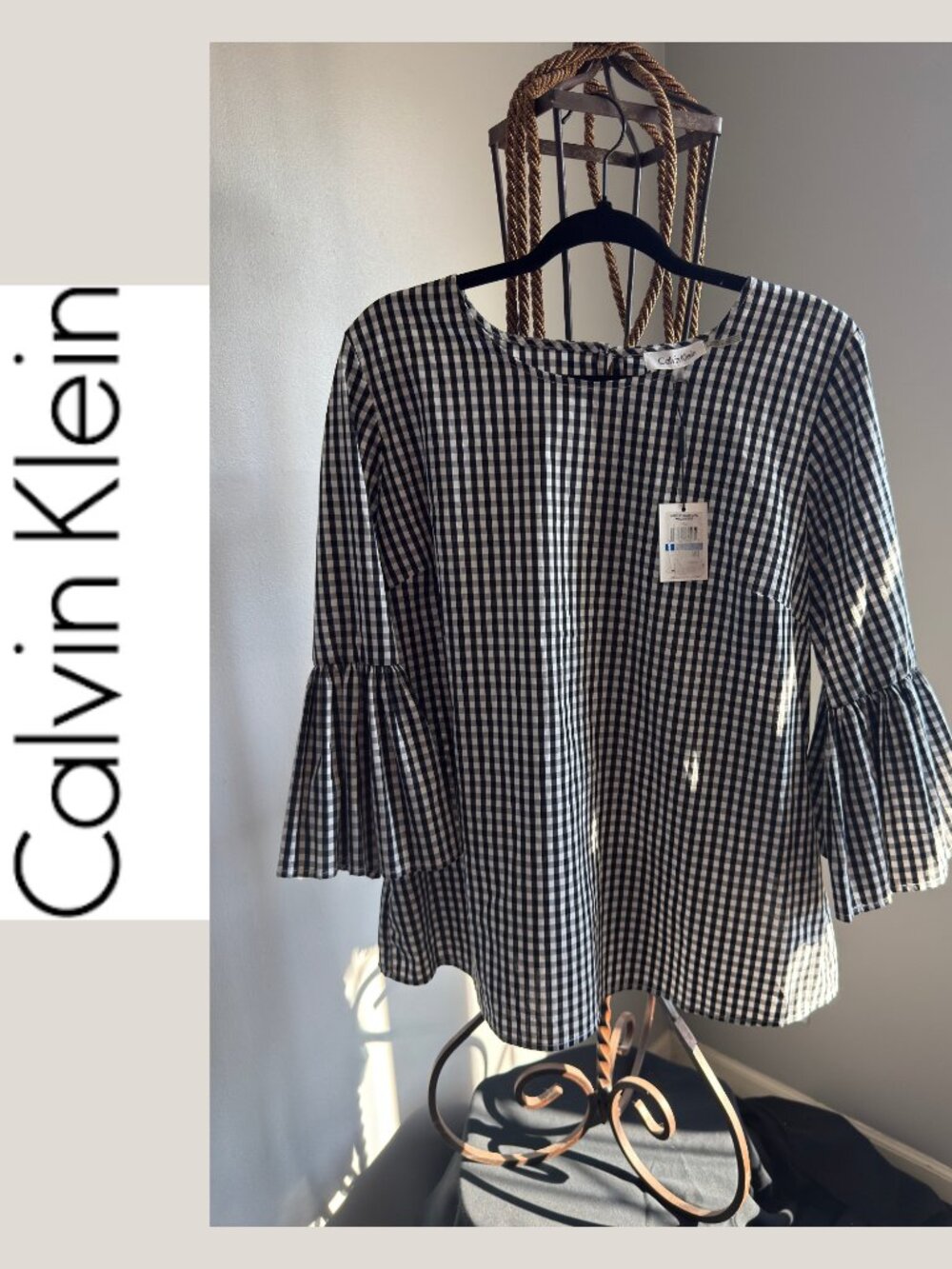Calvin Klein Black and White Gingham Bell Sleeve Blouse